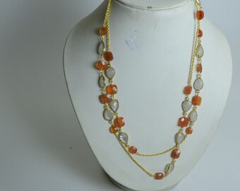 Beautiful Orange Coroline And Rainbow Moonstone Gold Coated Silver Necklace