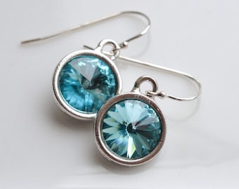 March Birthstone Aquamarine Crystal Silver Earrings