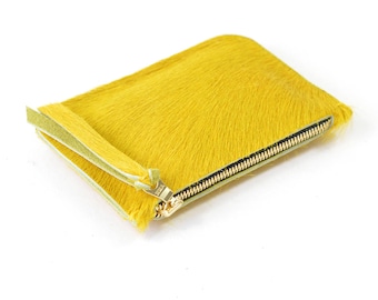 Yellow Hair On Hide Leather Zip Pouch Purse Wallet Handmade