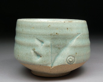 Handmade Stoneware Matcha Chawan Tea Bowl glazed with Satin Celadon with Natural Iron Spots