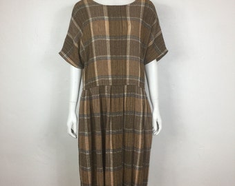 Vtg 70s woven plaid drop waist 70s minimalist avant garde dress medium