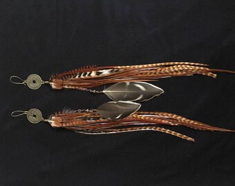 Feather earings: Dragon Coin, top furnace and brown with feather dangle.