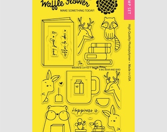 Waffle Flower BOOKS & COFFEE 4x6 - Set of 20 CLEAR Photopolymer stamps #271132