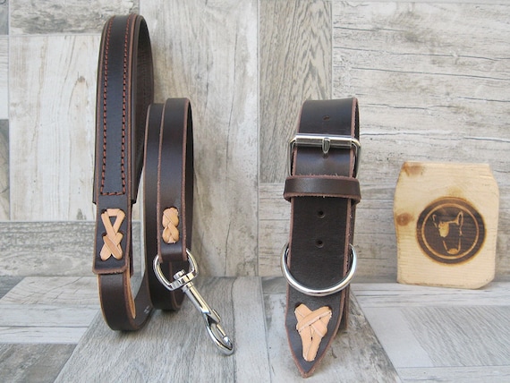 Dog Collar and Leash Set in Brown Leather, Adjustable Collar Ideal for Small and Large Dogs, Custom Leash Lenght and Width, Made in Italy