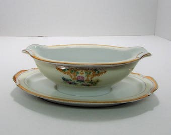 Vintage Haviland gravy boat hand painted "H" hallmark on bottom Thanksgiving Christmas Holiday Table floral motif great condition