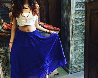 Boho Chic Gypsy Long Skirt Royal Blue Flared Embroidered Sexy Peasant Long Skirts