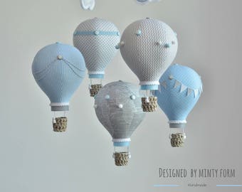 Gray Light Blue White Hot Air Balloon Mobile Travel Theme Nursery Decor Custom Mobile World Map