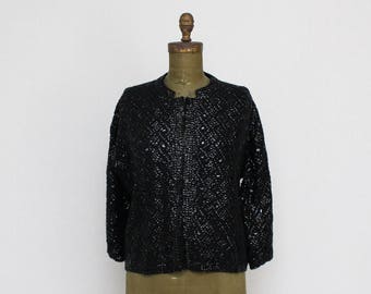Black Beaded Cardigan - Size Large Vintage 1980s Black Sequin Sweater