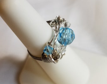 Sapphire Swarovski Crystal Ring, Silver Wire, size 6 1/2