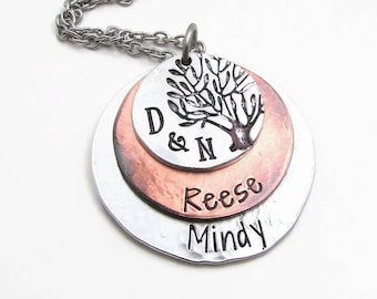 Family Tree Necklace - Personalized Necklace - Mom Necklace - Hand Stamped Jewelry - Mixed Metal Necklace - Personalized Tree Of Life