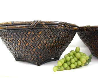 Basket Chinese Hand Woven Bamboo Basket / Large Asian Round Bowl / Wabi Sabi