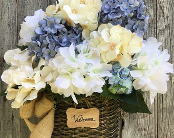 Hydrangea Basket, Welcome Summer Basket, Summer Wreath. All Season Decor, Farmhouse Decor, Cottage Decor, Blue, Cream and White Basket