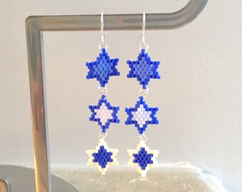 Earrings - blue, sky blue and white - stars weaving beads brick stitch