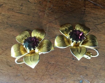 Vintage Amethyst Rhinestone Flower Earrings