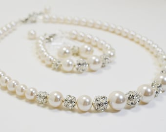 Ivory Pearl and Rhinestone Jewelry Set, Pearl Bridal Necklace, Pearl and Rhinestone Jewelry, Ivory Pearl Necklace, Ivory Bridesmaid Jewelry.