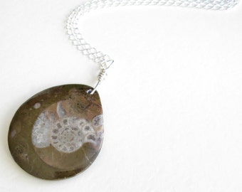 Fossil Ammonite Necklace, Nautilus Pendant, Sterling Silver Fossil Jewelry