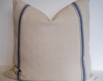 Blue Grainsack Pillow Cover, Blue Stripe Grainsack Pillow Blue Farmhouse Pillow French Country Pillow 0