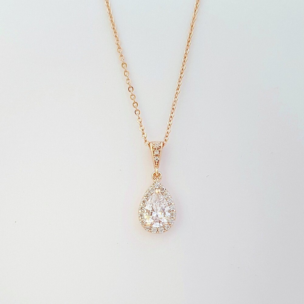Rose Gold Necklace Bridal Clear Cubic Zirconia Small Teardrop