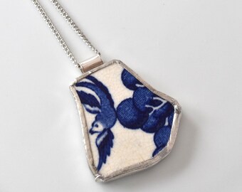 Broken China Jewelry Pendant - Blue Willow Birds