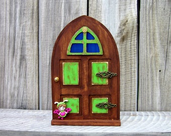 Wood Fairy Door, Green, Stained Wood, Indoor Fairy Door, Pretend Play, Miniature Door, Childs Gift, Embellished Door, Fairy, Faerie Door