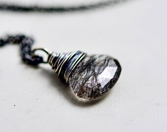 Gemstone Necklace, Tourmalinated Quartz, Tourmalinated Necklace, Tourmalinated Black, Tourmalinated Pendant, Sterling Silver,