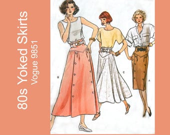80s Vintage Skirt Pattern Yoked Skirt Straight Skirt A-Line Skirt Flared Skirt Button Front Side Zipper Size 12 - 16 Vogue 9851 Uncut FF