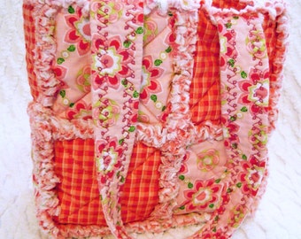 Rag Quilt Tote for Girl - Red Gingham - red, pink - Girl Handbag - Pink Girl Tote - Pink Child Purse