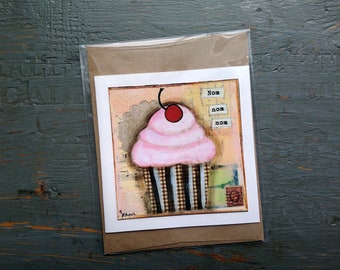 SALE! Cake Card, Cupcake card, Cake Art, Whimsical Cake, Sale Card, Clearance Card, greeting card note card, Mixed Media Art, Nom nom nom