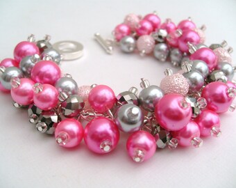 Candy Pink and Silver Bracelet, Pearl Bracelet, Bridesmaids Bracelet, Beaded Bracelet, Cluster Bracelet, Pearl Bracelet - Wedding Kim Smith