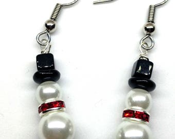 Glass Pearl Snowman Earrings, Christmas Earrings, Holiday Jewelry