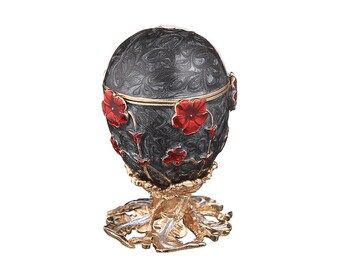 Russian Faberge Style Egg / Trinket Jewel Box with Flowers 6cm (2.4'') black