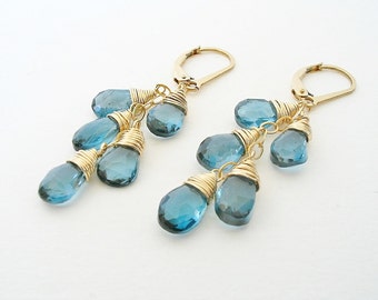 Genuine London Blue Topaz Earrings, December Birthstone, Cascade Earrings, Blue Topaz Jewelry, Leverback, Blue Gemstone, 14K Gold Filled