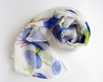 Hand painted silk scarf Unique silk scarf,Painted silk scarfs,White and blue scarf,Ladies scarves,Summer scarves,Silk scarves AnaSilkDesign