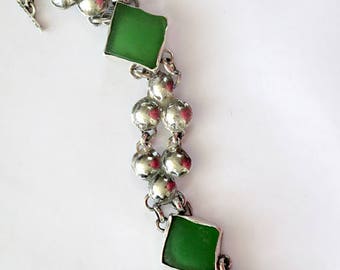 Sterling Sea Glass Bracelet, Silver Sea Glass, Green Bracelet, Beach Glass Bracelet, Artisan Bracelet, Hammered Silver Bracelet
