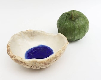 My Blue Lagoon Trinket Dish, Tiny Crinkly Bowl, Hobbitware Bowl, Wrinkled Pottery, Rustic. Primitive. Altar Bowl, Ring Dish