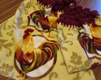 Hanging Kitchen Dish Towels with Crochet Tops Towel Set Chicken Roosters Handmade