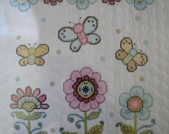 Artiste Butterfly Cross Stitch Quilt Kit/Baby Crib Cover Pre-Stamped & Quilted 34 x 42/ Adorable Butterflies and Flowers designed