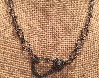 Sterling silver chain necklace with large pave diamond clasp