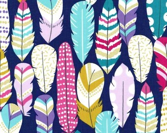 Arrow Flight Plucked Midnight by Michael Miller - Navy Blue Feathers Metallic Gold - Quilting Cotton Fabric - choose your cut