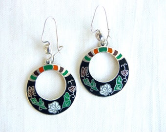Mexican Hoop Earrings Sterling Silver Enamel Round Dangles Vintage Black Green Floral Hoops Jewelry Hecho en Mexico
