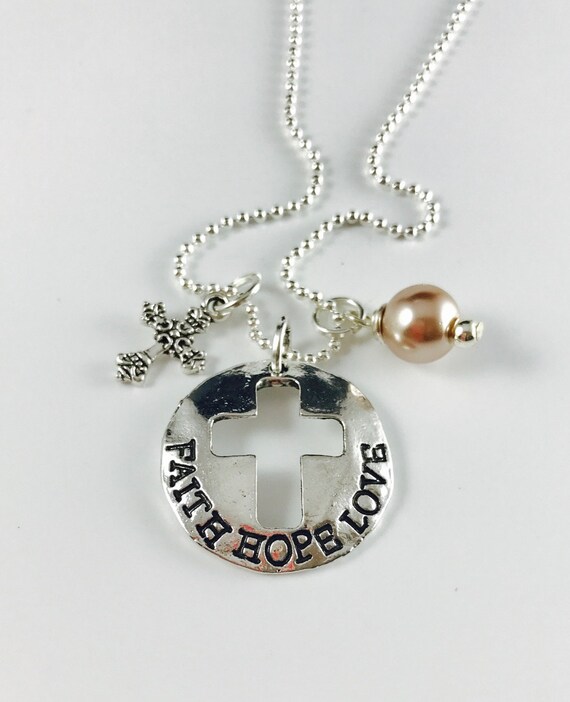 Faith Hope Love Hand Stamped Charm Necklace Silver Pendant