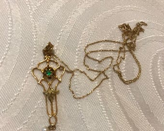 Emerald and pearl! Victorian 10 k Sólid Gold Lavalier on a 14k Gold necklace.