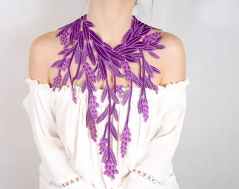 purple oversized lace statement necklace / embroidery lace gold long tassel floral bib necklace // lace collar accessory /gift for her