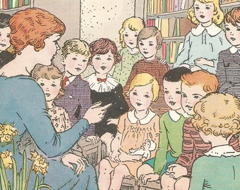 Vintage reading school book schoolbook illustration teacher librarian and students children digital download printable instant image