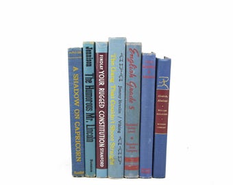 Old Thin BLue Decorative Books, Shabby Chic Book Decor, Antique Book Set, Instant LIbrary, Rustic Blue Old Books, Wedding Decor, bookshelf