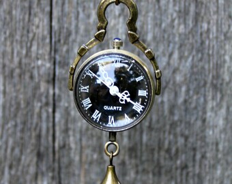 Double Sided Glass Black Bubble Pocket Watch with 28 Inch Brass Curb Chain