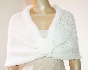 White Wedding Shawl, Bridal Shawl, Bridal Wedding Stole, White Shawl, Hand Knit Shawl, White Capelet, Wedding Capelet, Bridesmaid Shawl
