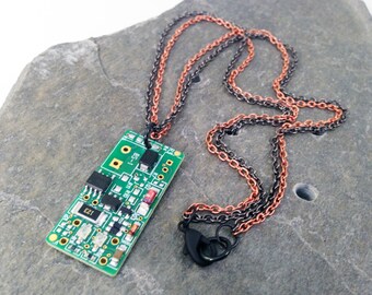 Reclaimed Circuit Board Pendant with Tiny Components on Double Copper & Black 18 Inch Chain, Upcycled Computer Parts, Geekery Gift