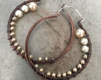 Extra Large Hoops, Copper Hoop Earrings, Copper Earrings, Pearl Earrings, Large Hoops, Rustic Jewelry, Daniellerosebean, Hoop Earrings