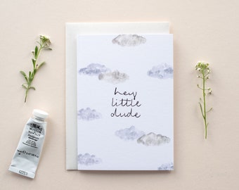Baby Boy Card | Hey Little Dude | Welcome Little One | New Baby Card | Baby Card | Little Boy Birthday Card | Watercolour Illustration Card